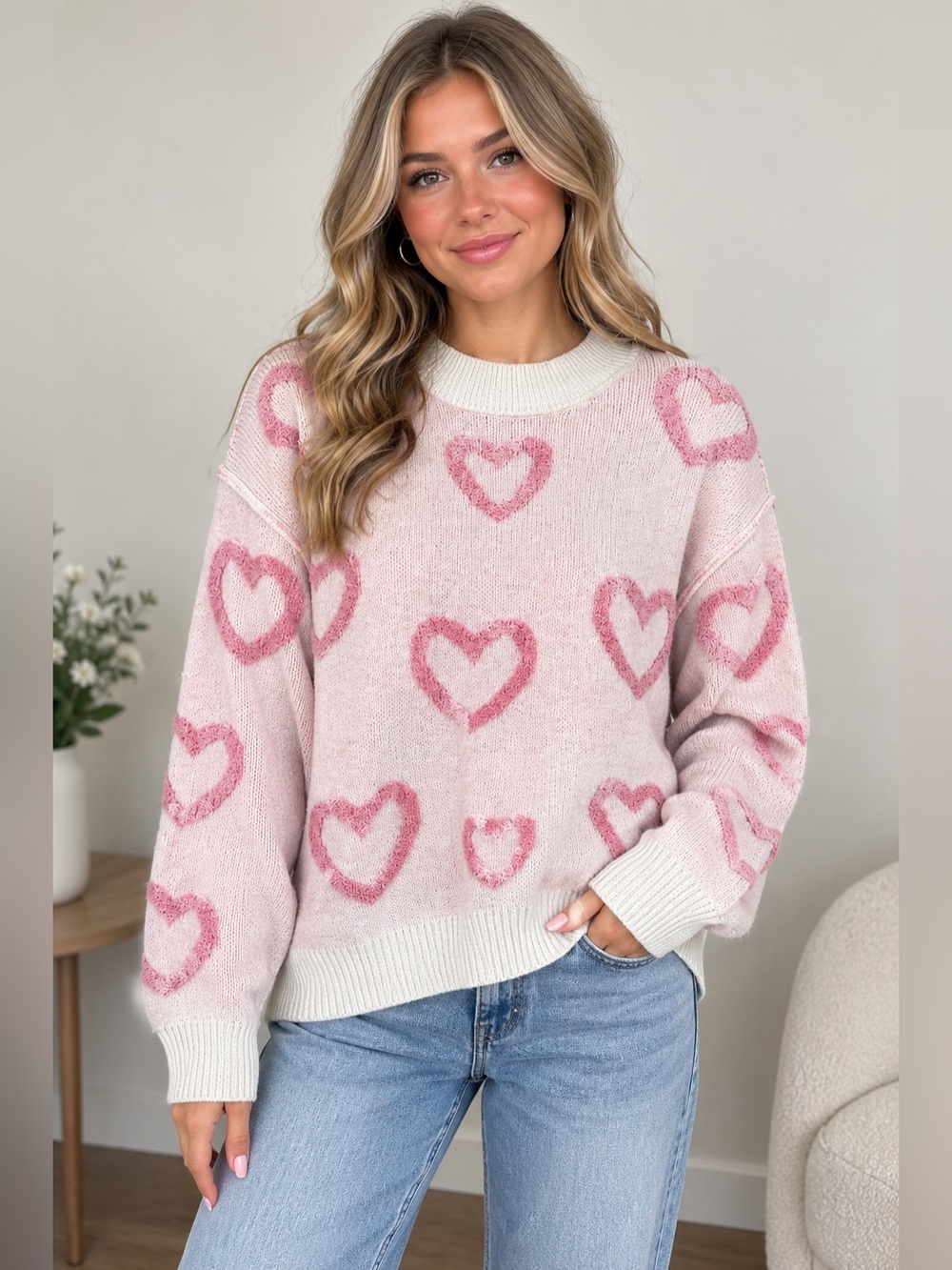 Women's Pink Heart Crewneck Sweater